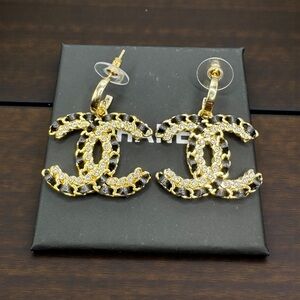 CHANEL Gold and Black Logo Earrings